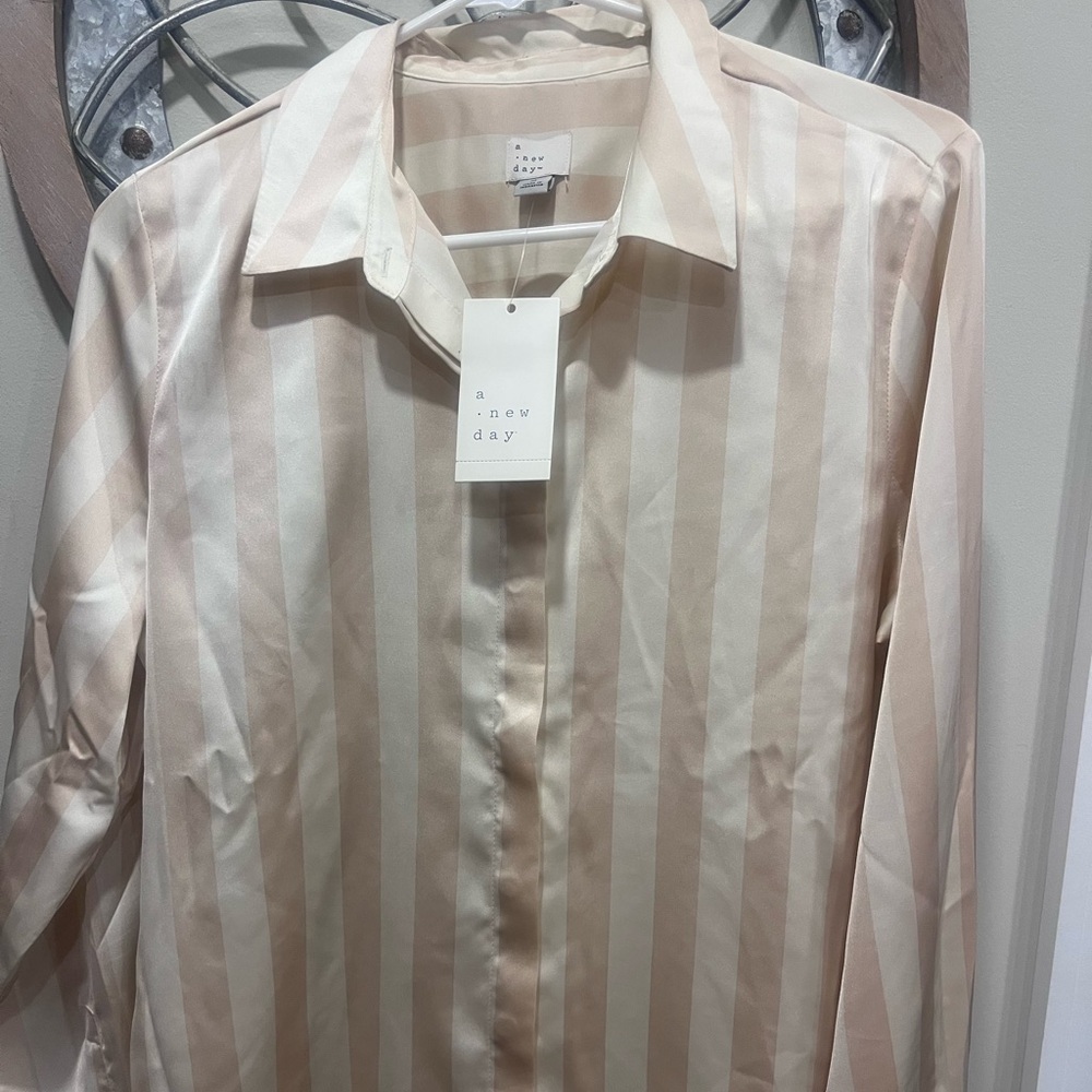 A New Day women Beige Striped Dress Shirt